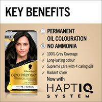Schwarzkopf Oleo Intense Permanent Oil Colour 1-10 Intense Black Hair Dye, 100% Grey Coverage, Conditioner with HaptIQ System, Long-Lasting, Ammonia Free