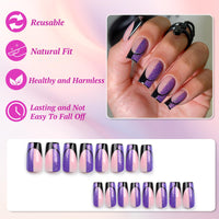 Ceboic 24Pcs Square Press on Nails - Medium Length Black Purple Tip with Glue Stickers, Elegant Acrylic Full Cover for Women Girls