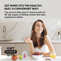 Get More Vits Vitamin B12 Tablets - 1000µg B12 Vitamin High Strength Food Supplement for Tiredness & Fatigue - Immune System Booster & Energy Tablets for Men & Women Adults - 90-Day Supply