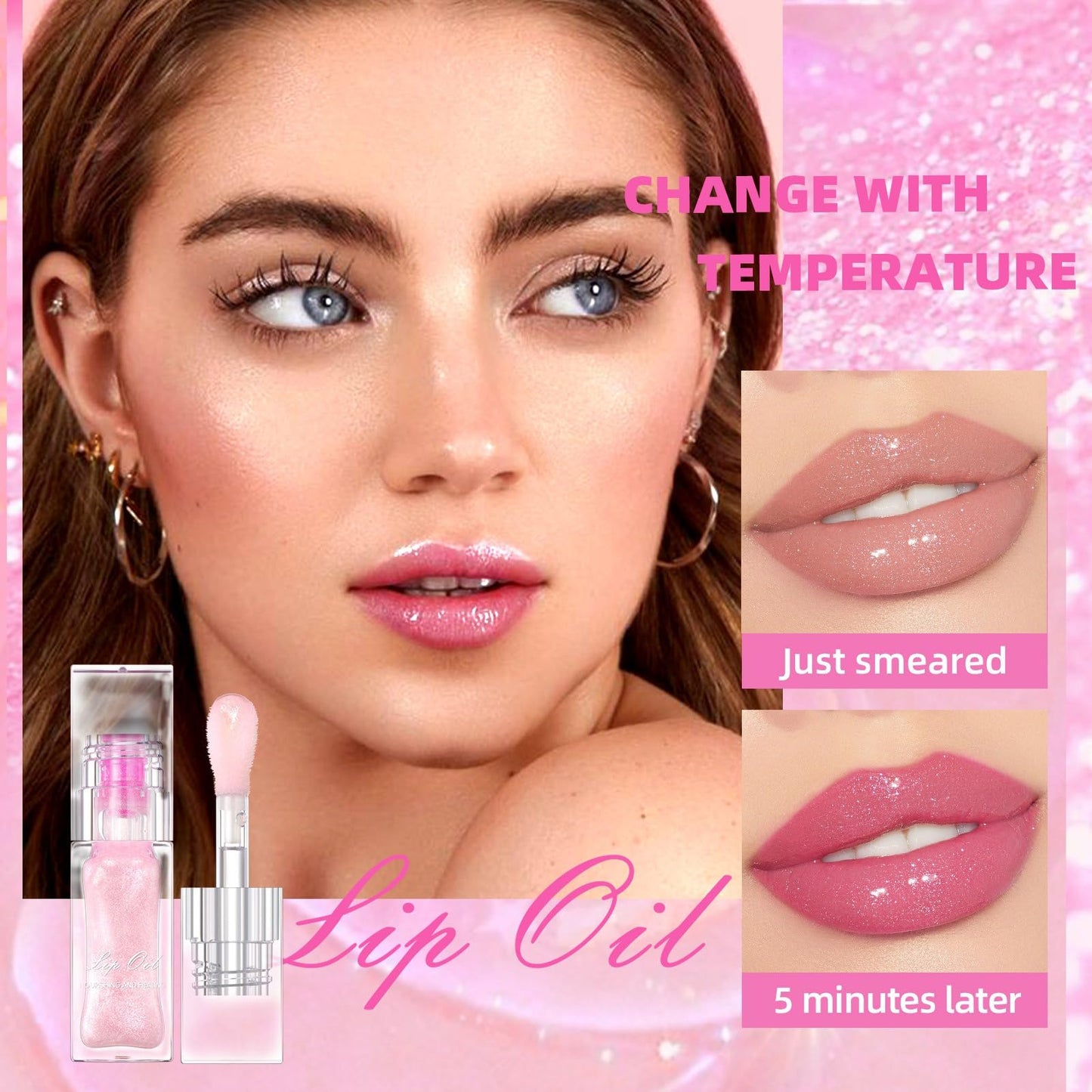 Allbestaye Color Changing Lip Oil, Warm Temperature Color Changing Moisturizing Lip Gloss Lip Oil Moisturizing Lip Oil, Rich Gloss Long Lasting Moisture, Big Brush Color Changing Lip Oil