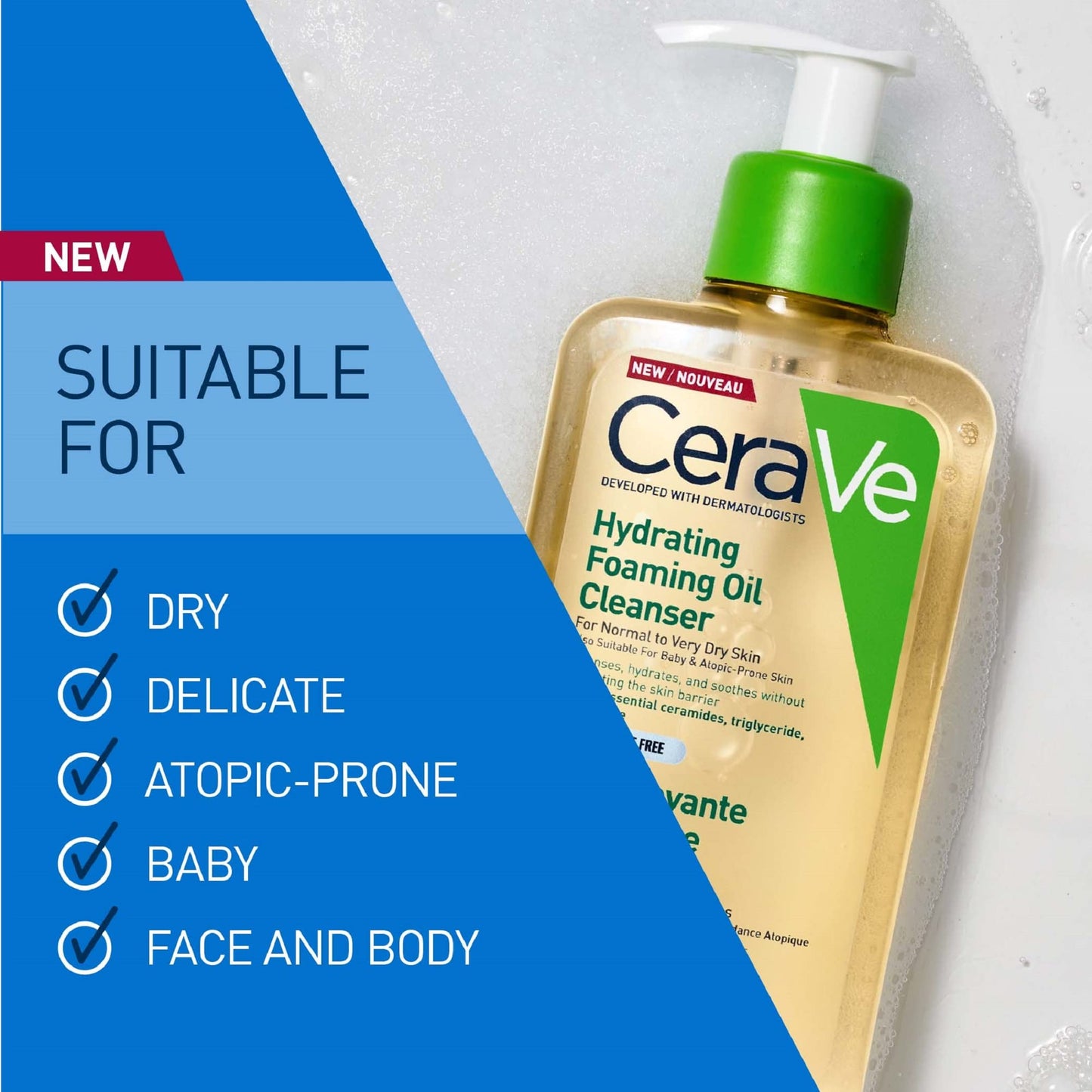 CeraVe Hydrating Foaming Oil Cleanser for Normal to Very Dry Skin with Squalane, Triglyceride and 3 Essential Ceramides (For Face and Body), Clear, 236 ml