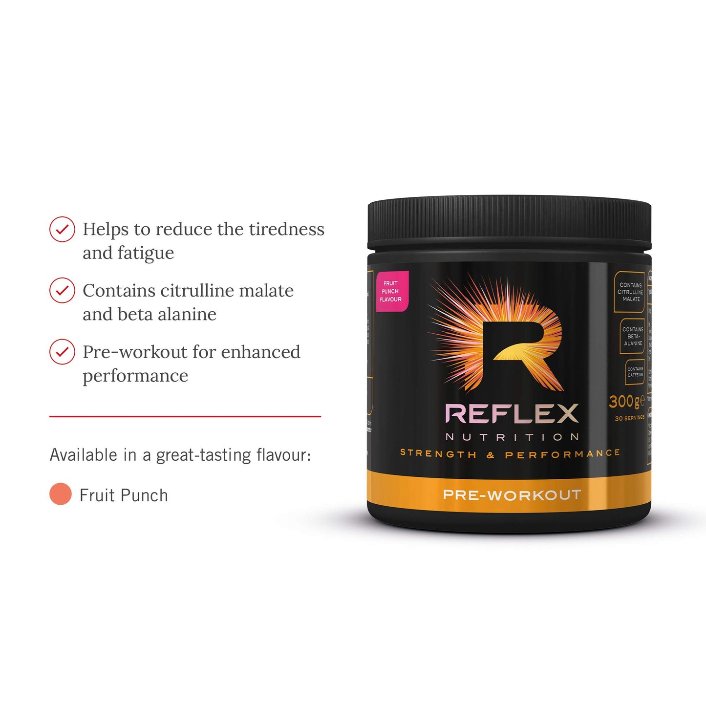Reflex Nutrition Reflex Pre Workout Powder 3000 mg Citrulline Malate 1600 mg Beta-Alanine 125 mg Caffeine Plus B Vitamins and Electrolytes (Fruit Punch) (300 g)