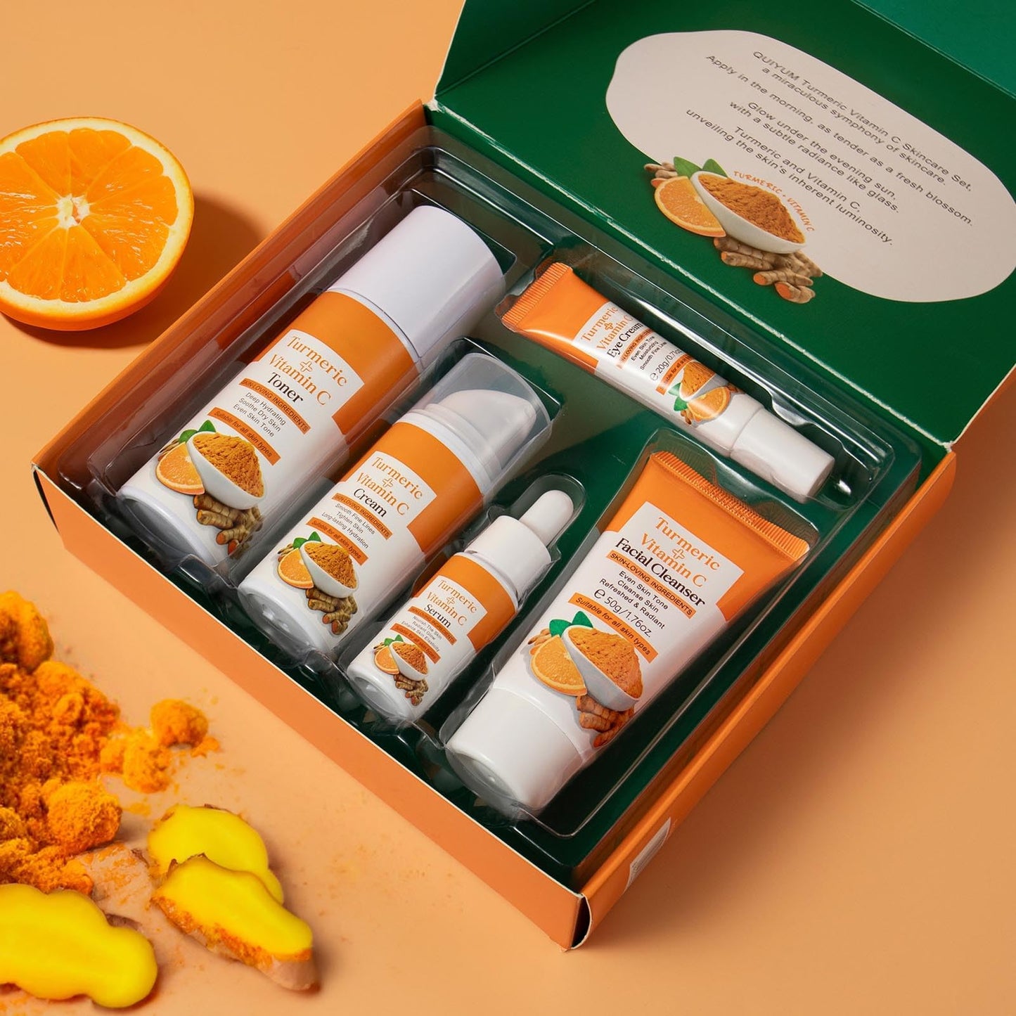 Weixinbuy Turmeric Vitamin C Skincare Set, 5 In 1 Women Gift Set Turmeric Face Cleanser Toner Serum Eye Cream and Face Cream, Even Skin Tone Anti Aging Skincare Gift Set (Turmeric + Vitamin C)