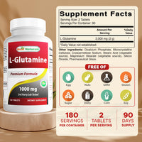Best Naturals L-Glutamine 1000 mg 180 Tablets - Glutamine Fuel for Workout & Supports Muscle Recovery from Workouts (180 Count (Pack of 1))
