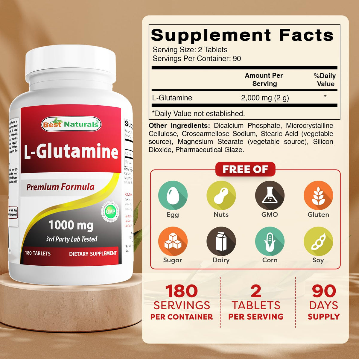 Best Naturals L-Glutamine 1000 mg 180 Tablets - Glutamine Fuel for Workout & Supports Muscle Recovery from Workouts (180 Count (Pack of 1))