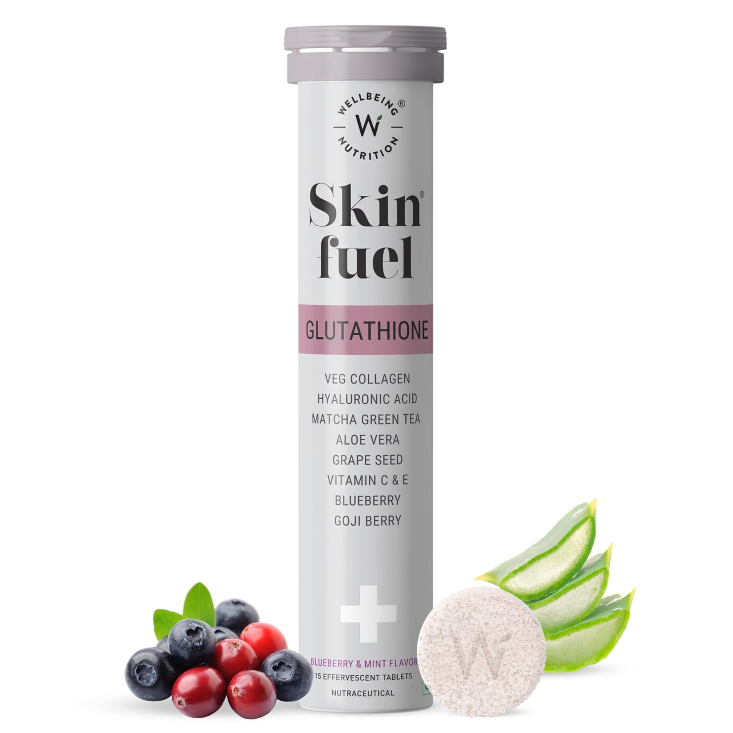 Wellbeing Nutrition Skin Fuel | Glutathione & Collagen Tablets | Skin Glow and Radiance for Men & Women | Hyaluronic Acid, Grape Seed, Vitamin E (15 Effervescent Tablets) Pack of 1
