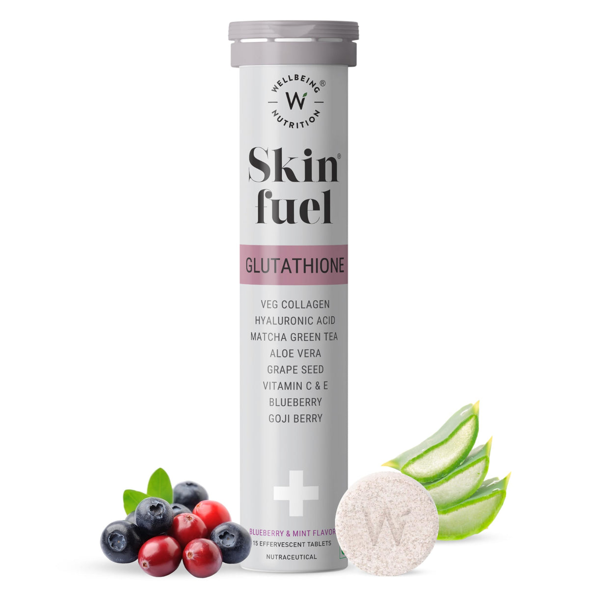Wellbeing Nutrition Skin Fuel | Glutathione & Collagen Tablets | Skin Glow and Radiance for Men & Women | Hyaluronic Acid, Grape Seed, Vitamin E (15 Effervescent Tablets) Pack of 1