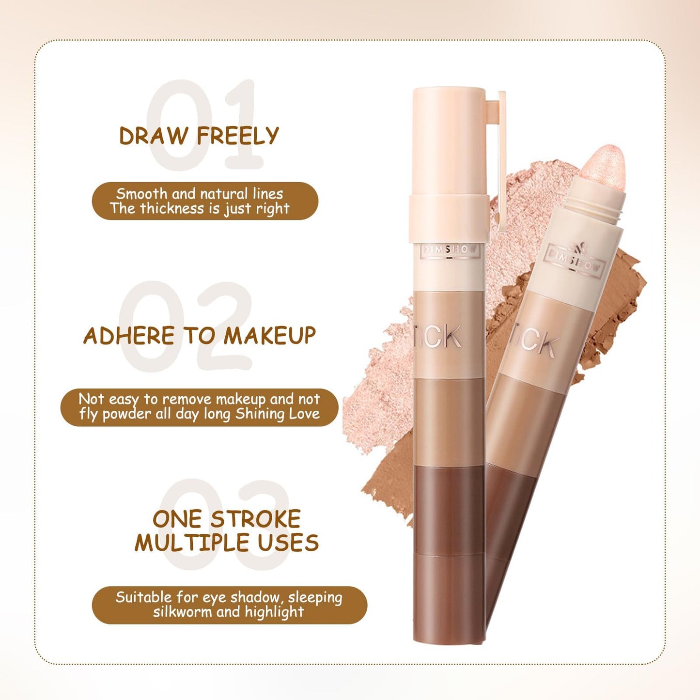 ExcellaElite Eyeshadow Stick,5 Color Cream Eyeshadow Pencil Metallic Eye Shadow Stick Pen Shimmer Cream with 4-in-1 Brush for Women's Face and Eyes Makeup