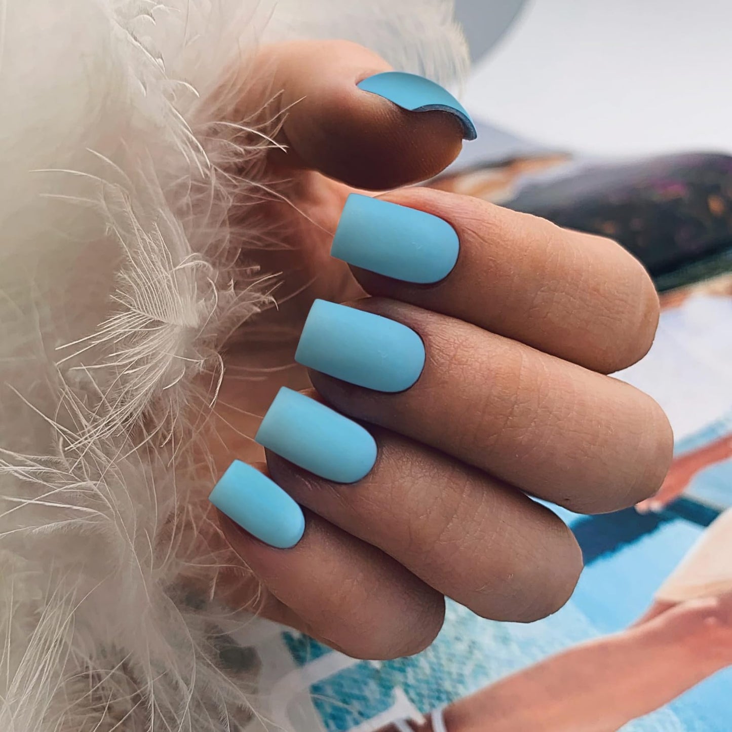 SXVME Matte Blue False Nails Short Medium Square, Gel Press on Nails Coffin Medium Fake Nails Set Solid Color Acrylic Nail Natural Fit Reusable Stick on Nail for Women Daily Wear, in 24 Pcs