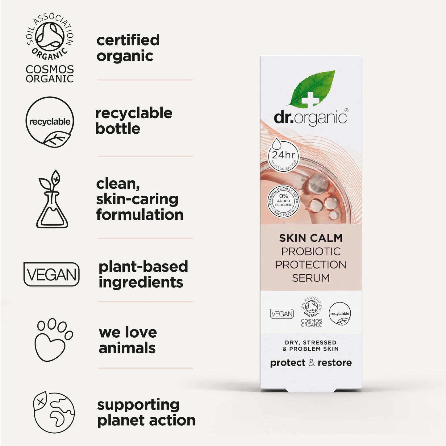 Dr Organic Skin Calm Probiotic Protection Serum, For Redness, Dry, Sensitive & Irritable Skin, 24hr Moisture, Dermatologically Tested, Vegan, Cruelty Free, Paraben & SLS Free, Certified Organic,30ml