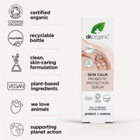 Dr Organic Skin Calm Probiotic Protection Serum, For Redness, Dry, Sensitive & Irritable Skin, 24hr Moisture, Dermatologically Tested, Vegan, Cruelty Free, Paraben & SLS Free, Certified Organic,30ml