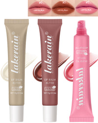 Lestpola Hydrating Tint Lip Butter Balm-3 Colors Clear Pink Brown Shine Glossier Lip Gloss, Jelly Lip Balm for Dry Lips, Long Lasting Moisturizing Non-Sticky Glow Reviver Fat Lip Care Oil, Gift for Women-Set A