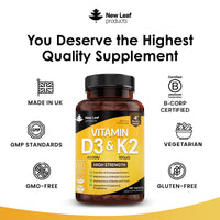 NEW LEAF PRODUCTS Vitamin D3 K2 - Vitamin D3 4000iu & Vitamin K2 100ug (MK7) 4 Months Supply, Supports Immunity, Calcium Absorption and Bone Health, Non-GMO, UK Made by New Leaf 120 Micro Small Vegetarian Tablets,