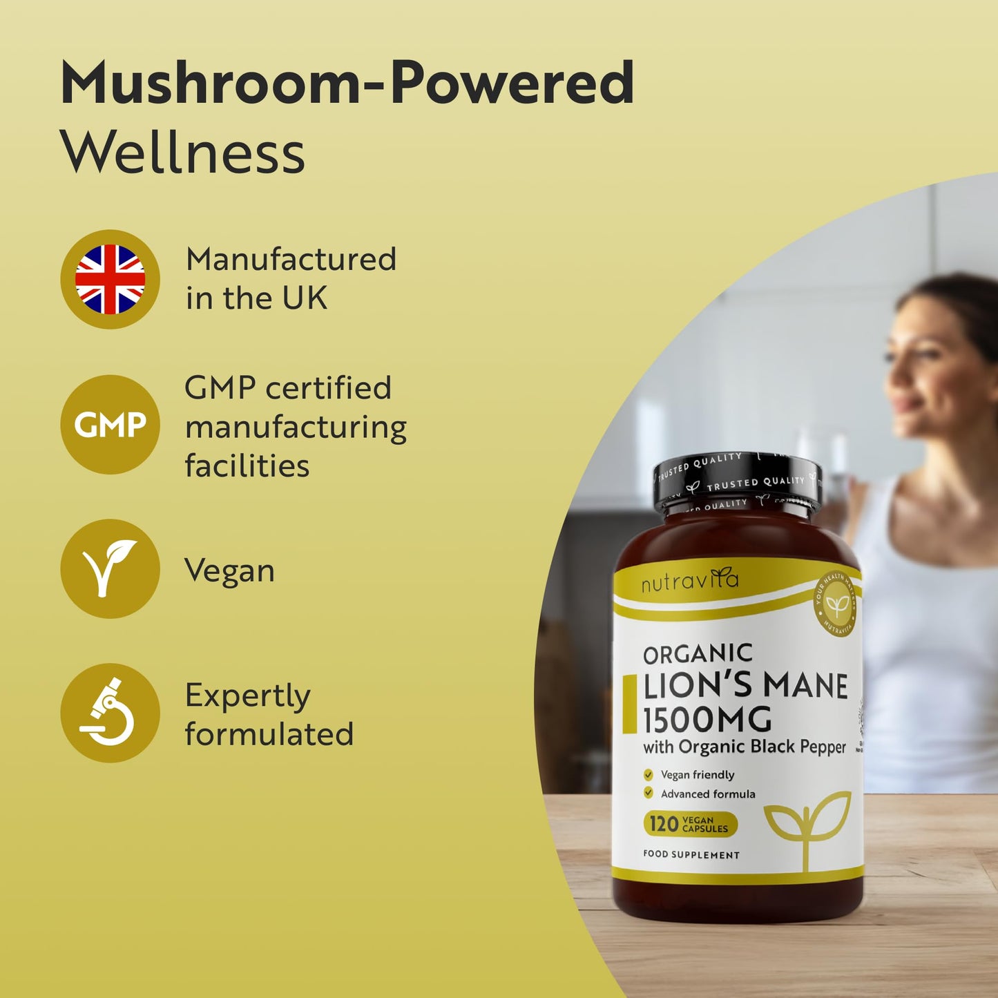 Nutravita Organic Lions Mane Mushroom 1500mg - 120 High Strength Vegan Capsules (Not Powder) - Lions Mane Supplement with Organic Black Pepper - Made in The UK
