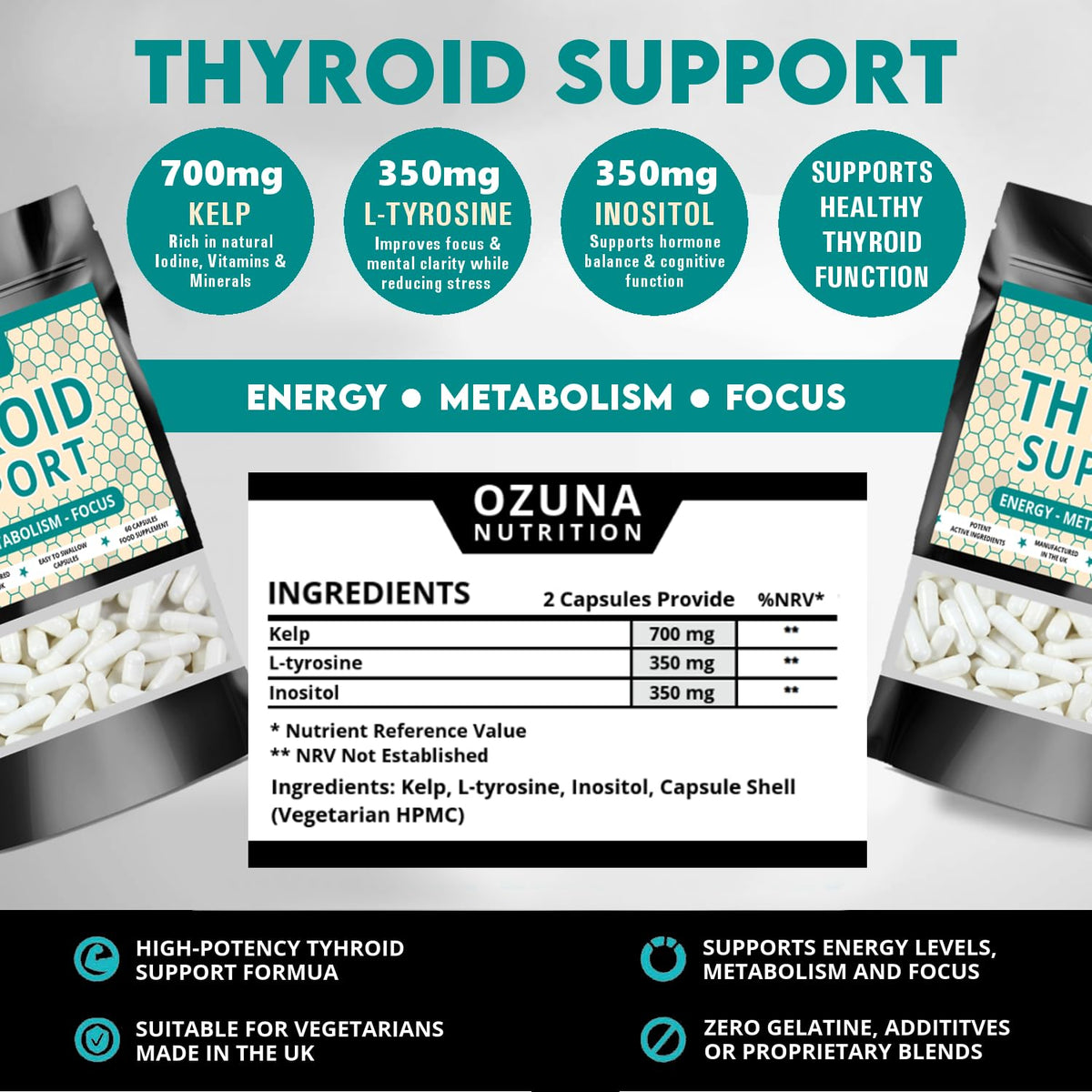 OZUNA NUTRITION Thyroid Support Supplement - 60 Vegetarian Capsules - with Myo inositol, L-Tyrosine & Natural Iodine from Kelp - Energy & Focus Formula - UK Made - 1 Month Supply