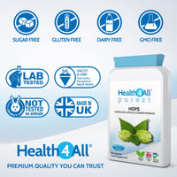 Health4All Hops 400mg 60 Capsules (V) .(not Tablets) Purest: no additives. Vegan Capsules for Anxiety, Stress and Sleep Supplement