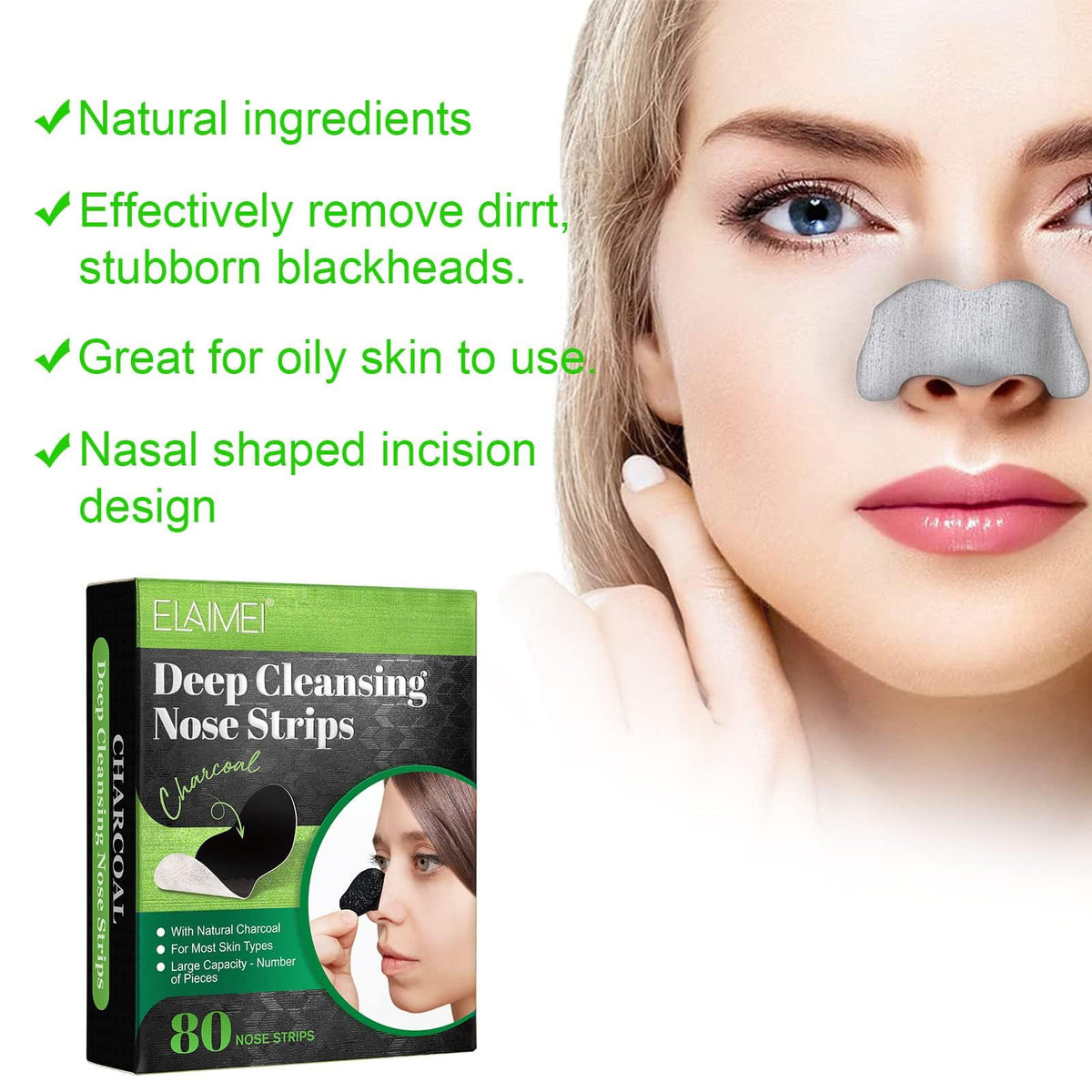 VIDIND Nose Strips Blackhead Pore Strips, Nose Strips Use Natural Bamboo Charcoal to Deeply Clean pores, Remove Blackheads, Acne, Oil and Impurities. Unisex (80 Pcs)