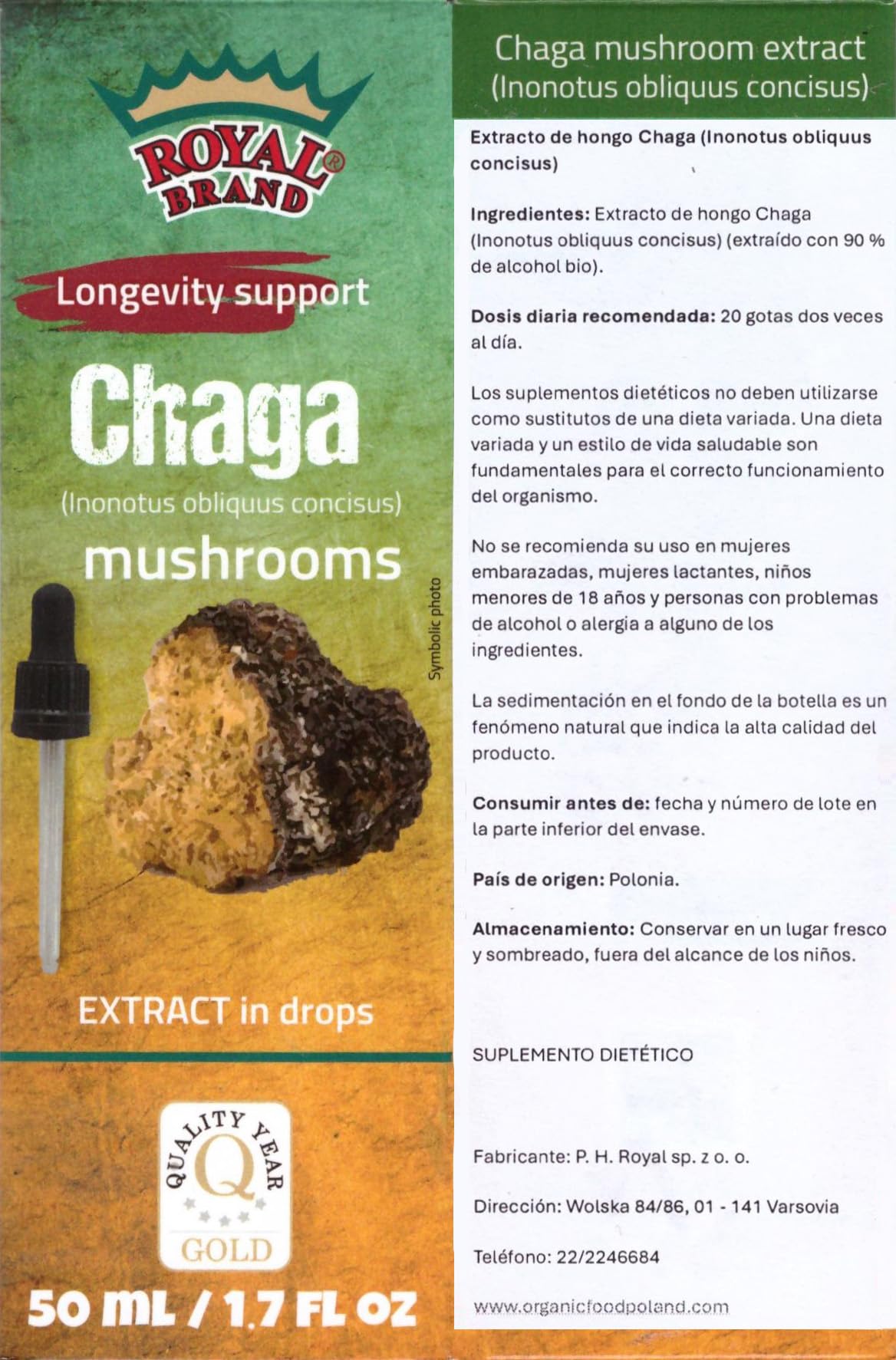 Royal Brand Chaga Extract Drops 50 ml / Chaga Mushroom / Better Than Chaga Mushroom Capsules / Liquid Extract Drops / 1.7 FL OZ