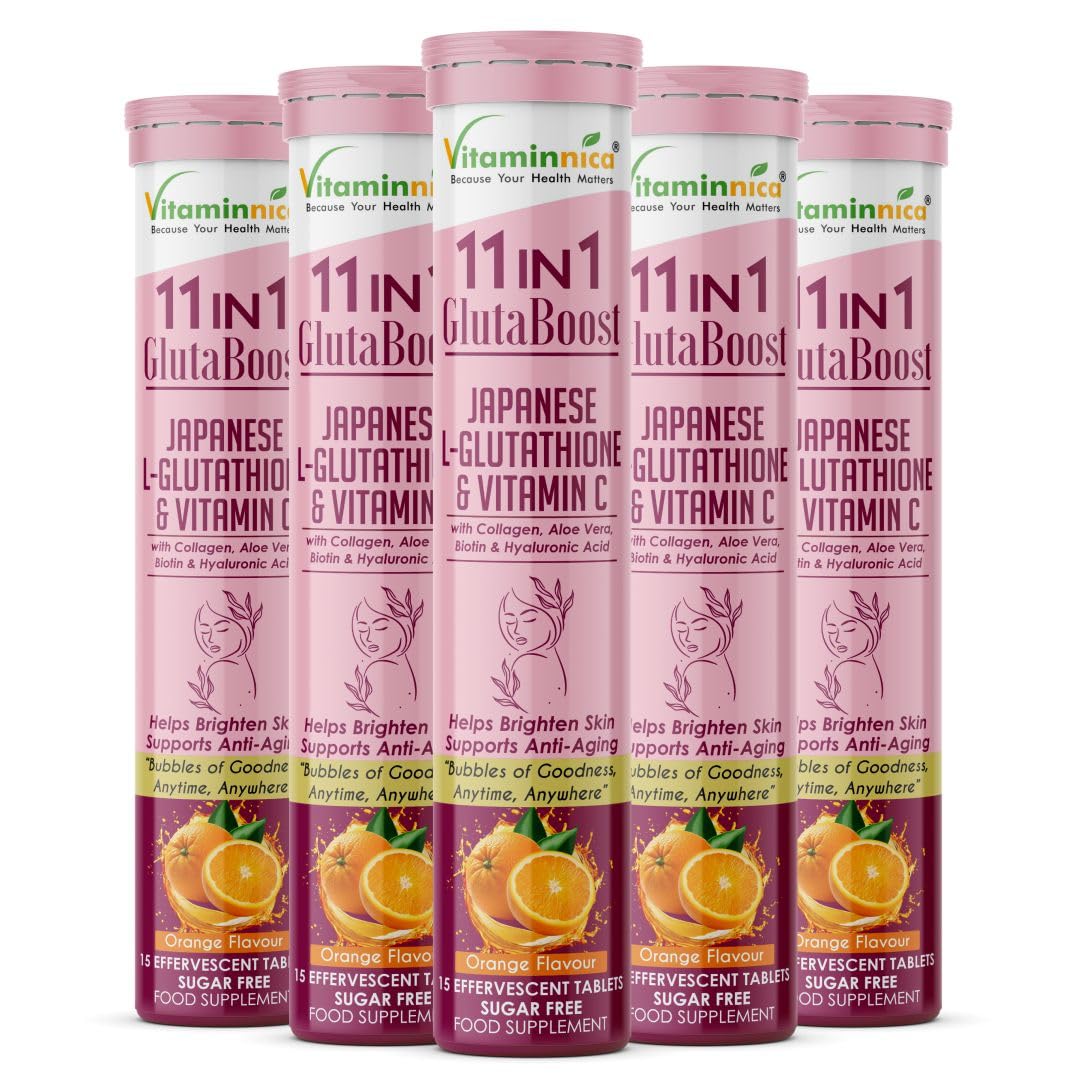 Vitaminnica Because your Health Matters Vitaminnica Gluta Boost 11-in-1 Effervescent Tablets with Japanese L-Glutathione, Collagen, & Hyaluronic Acid | Skin Radiance & Beauty Supplement | 15 Tablets (Pack of 5, Orange)