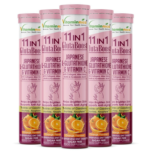 Vitaminnica Because your Health Matters Vitaminnica Gluta Boost 11-in-1 Effervescent Tablets with Japanese L-Glutathione, Collagen, & Hyaluronic Acid | Skin Radiance & Beauty Supplement | 15 Tablets (Pack of 5, Orange)