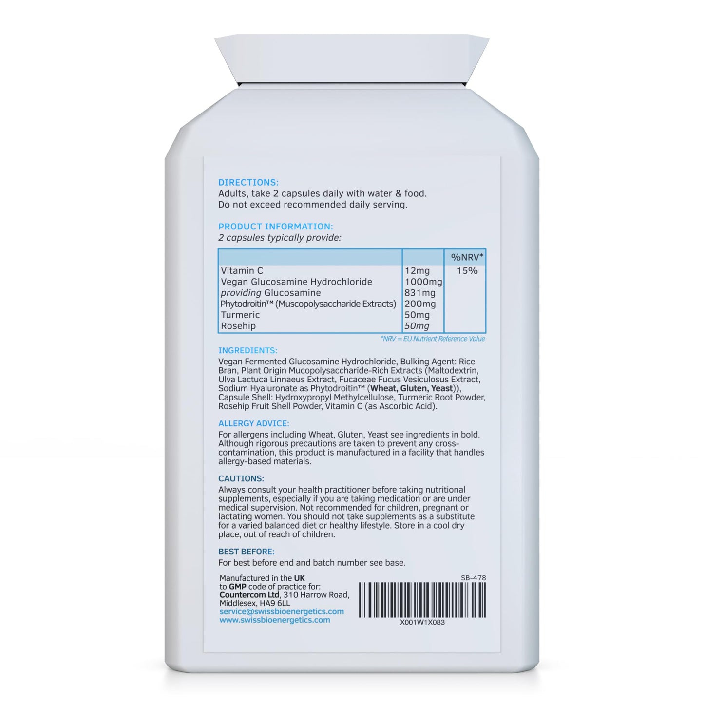 swiss bioenergetics Vegan Glucosamine Phytodroitin Complex 90 Capsules - with Plant Based Chondroitin, Turmeric, Rosehip and Vitamin C to Support Cartilage and Bones - UK Made
