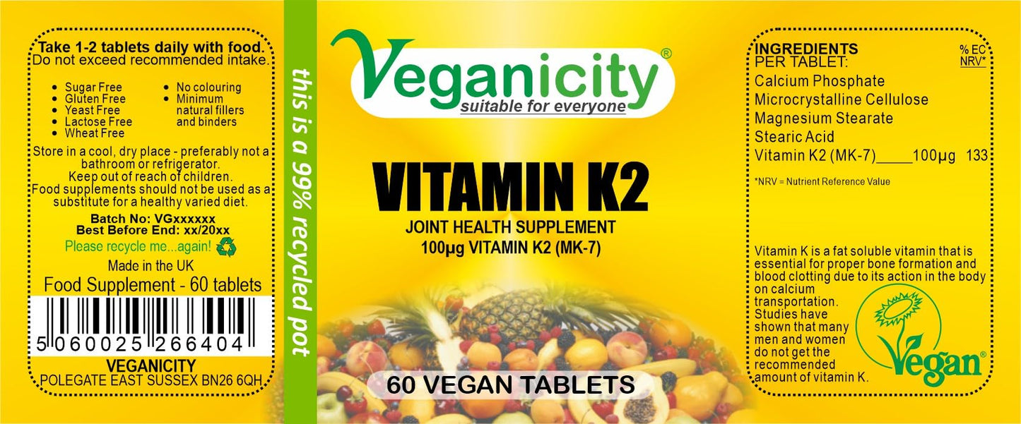 Veganicity Vitamin K2 (MK-7) 100µg : Bone & Circulation Health Supplement : 60 Tablets, in a Planet-Friendly 99% Recycled Pot