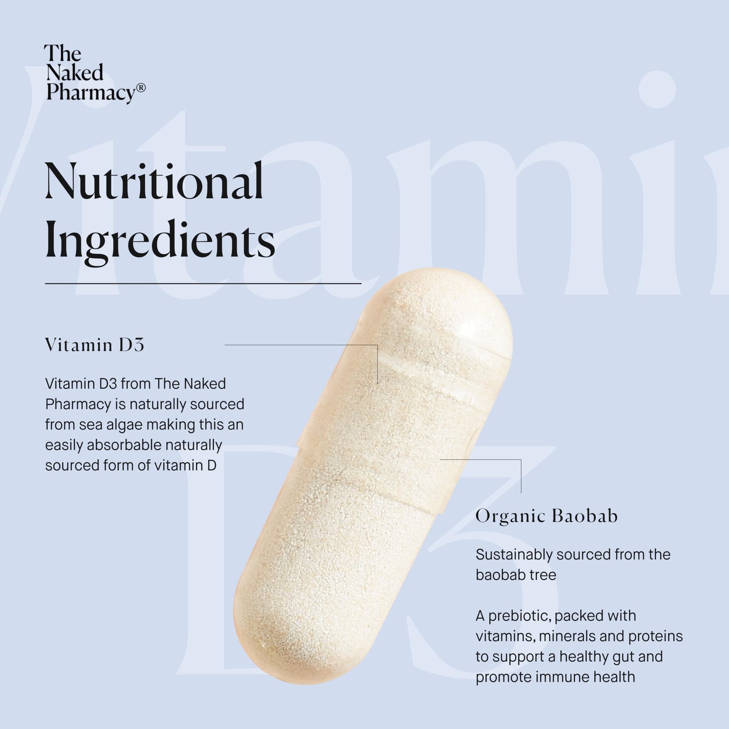 The Naked Pharmacy | Vitamin D3 Supplements | for Immune System | Bones, Joints & Teeth | with Natural Prebiotic Baobab | High Strength | No Additives | Vegan | 60 Capsules