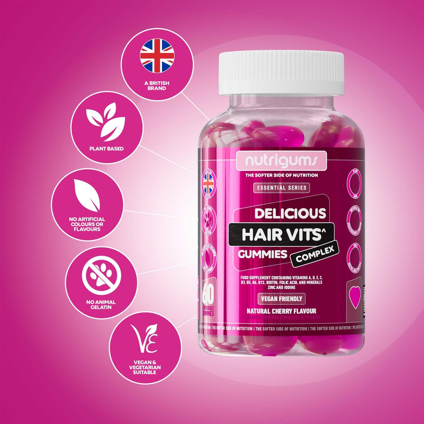 Nutrigums Hair Vitamin Biotin Complex Gummy | 12 Essential Vitamins containing Biotin, Vitamin C, Folic Acid and Zinc | Cherry Flavour | 60 Vegan Gummies | Maintain Healthy Hair Growth by NUTRIGUMS®