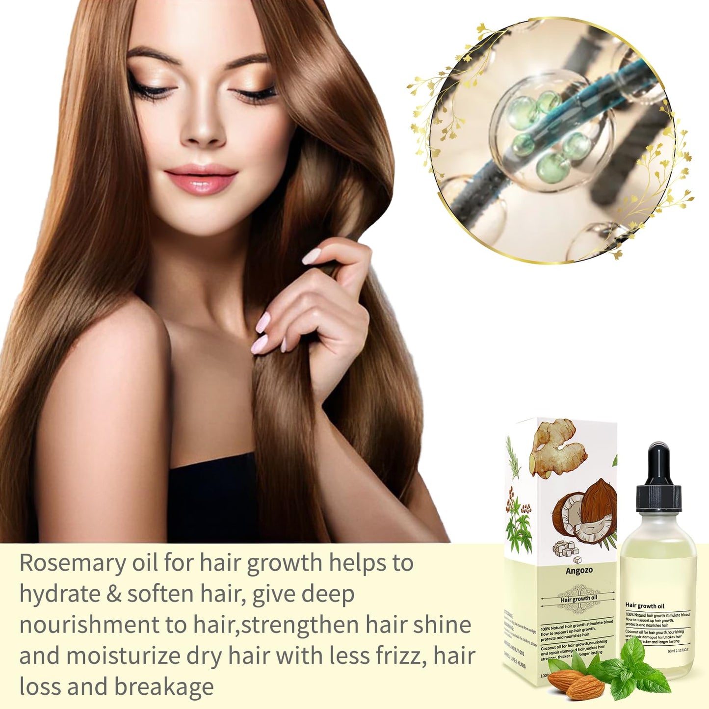 Angozo Veganic Hair Oil,100% Natural Hair Growth Oil,With Caffeine,Biotin,Coconut Oil,Argan Oil, Rosemary Oil,and Castor Oil for Hair Growth,Thickening Hair Mask & Hair Loss Treatment,60ml