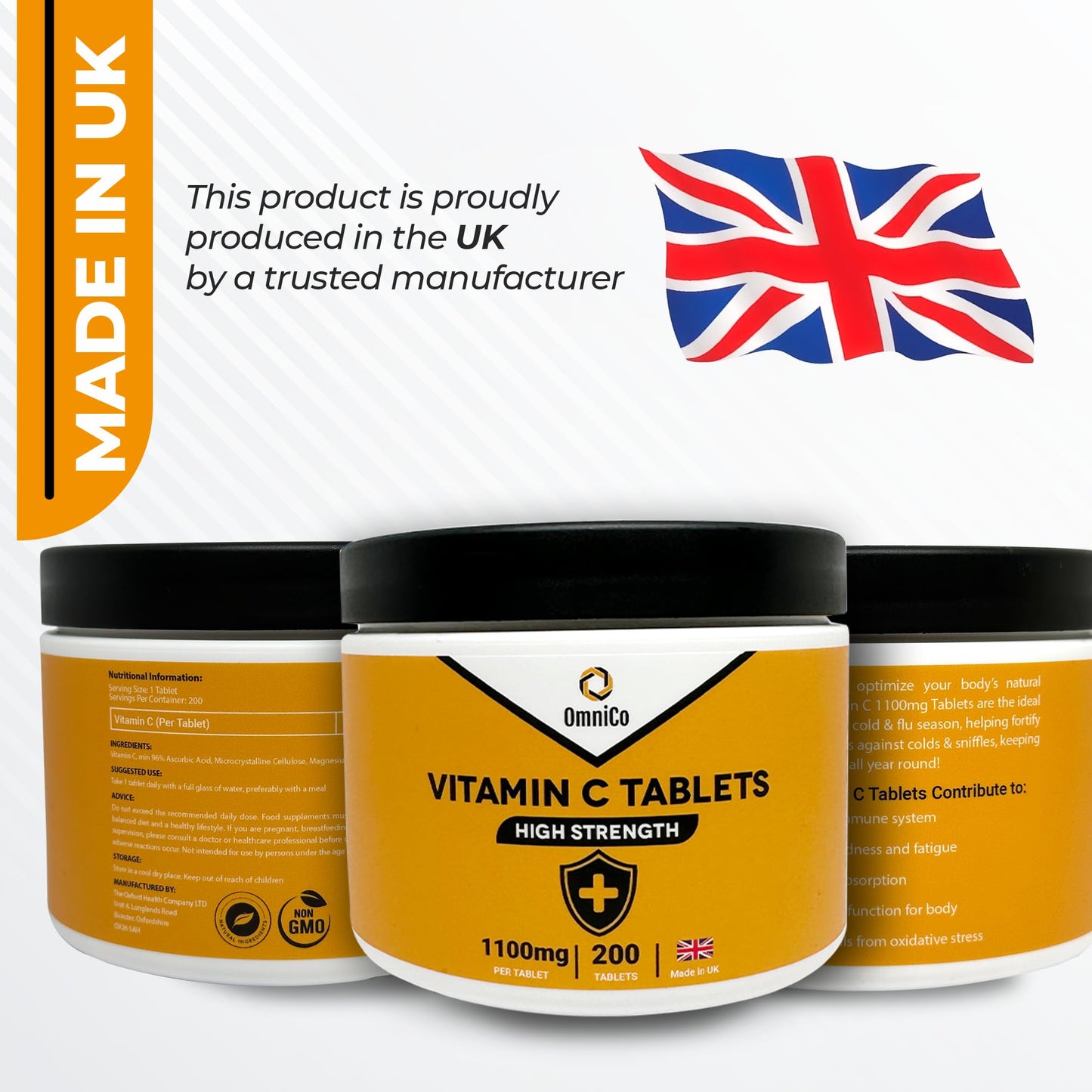 OmniCo Vitamin C Tablets – 1100mg – 200 Vegan Tablets - Vitamin C for Immunity Support, VIT C Supplement for Immune System, Hair, Skin & Nails Vitamins for Women & Men, High Strength Vitamin C