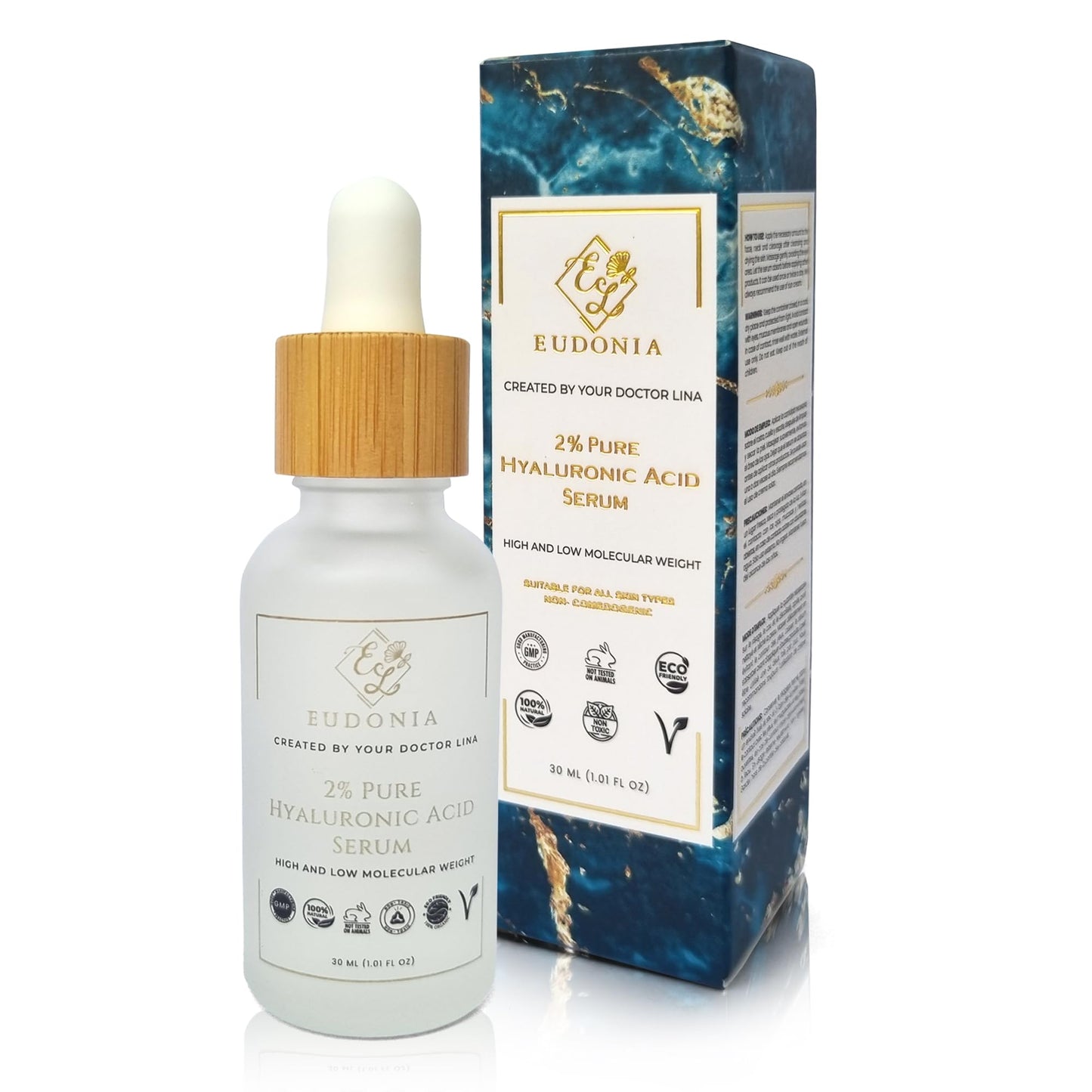 EL EUDONIA CREATED BY YOUR DOCTOR LINA EUDONIA 2% Pure Hyaluronic Acid Serum – High and Low Molecular Weight, Protects and Penetrates Deep into the Skin – Hydrates and Softens, Promotes Elasticity – Ecological, Paraben and Sulfate Free, 30