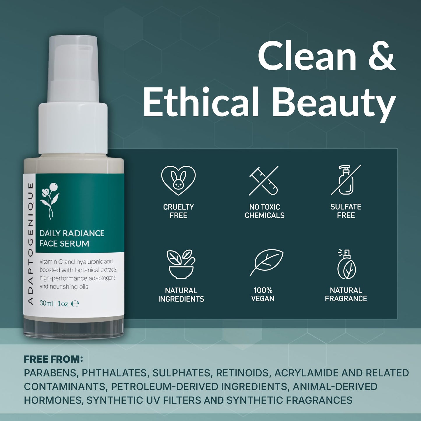 Adaptogenique Daily Radiance Face Serum with Vitamin C & Hyaluronic Acid. Hydrates, Brightens, & Fights Aging. Protects from Sun Damage. With Botanical Extracts, Adaptogens, and Nourishing Oils.