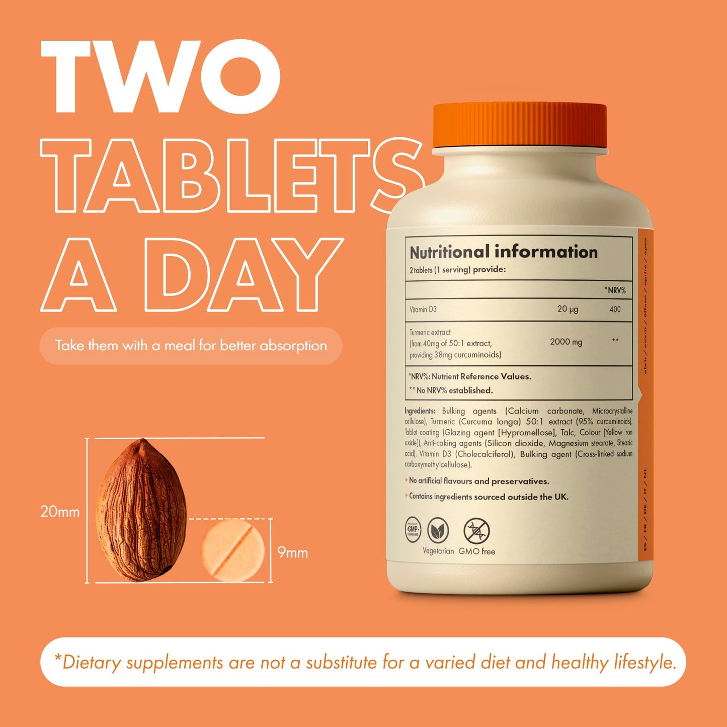 Incite Nutrition Turmeric Tablets 2000 mg. 3 Month Supply of High Strength Curcumin with Vitamin D. Antioxidant, Anti-Inflammatory, Immune System Support. Non-GMO and Suitable for Vegetarians