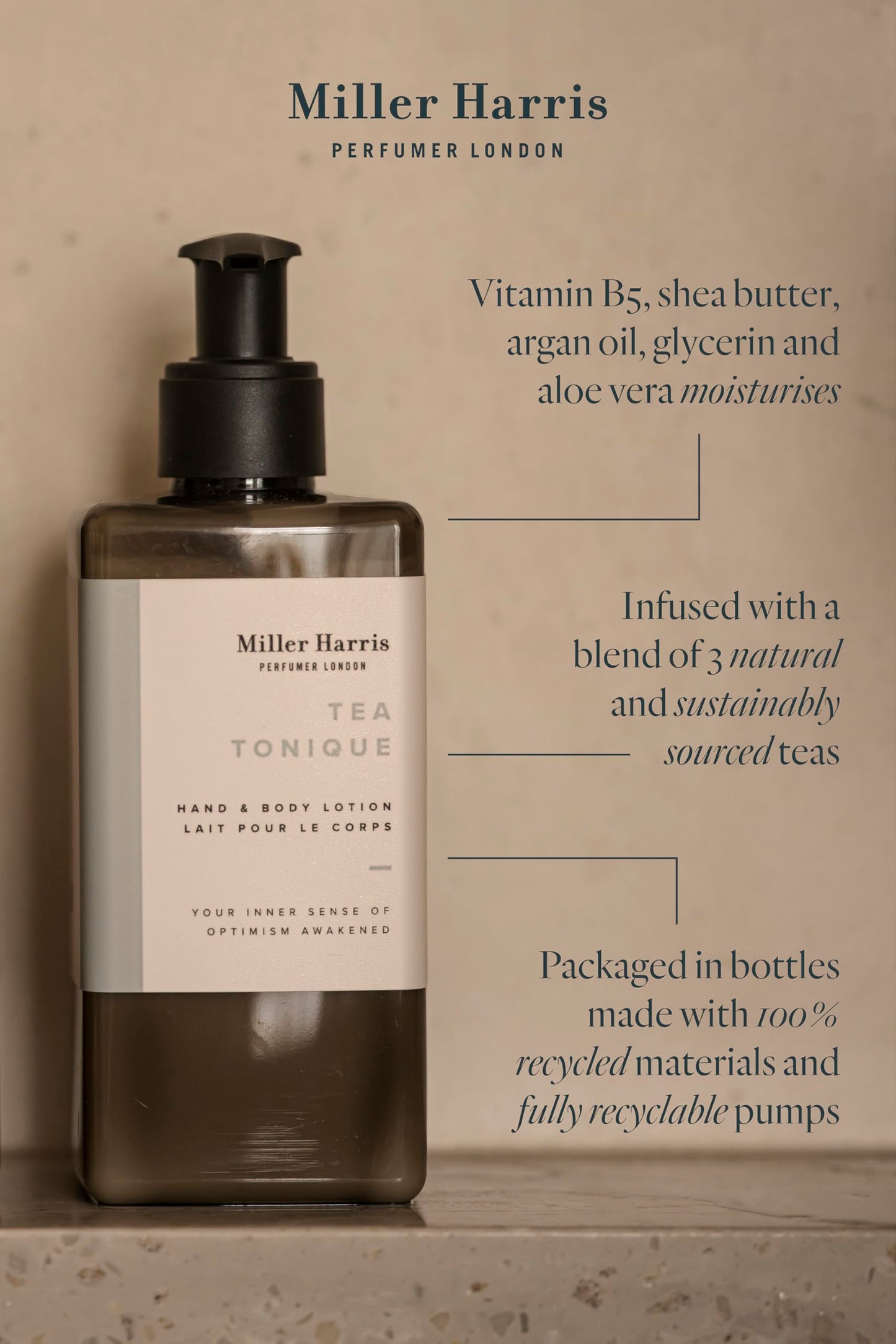 Miller Harris Tea Tonique Hand and Body Lotion 300ml – Shea Butter, Argan Oil, Aloe Vera & Vitamin B5 | Hydrating, Smoothing & Moisturizing Skincare