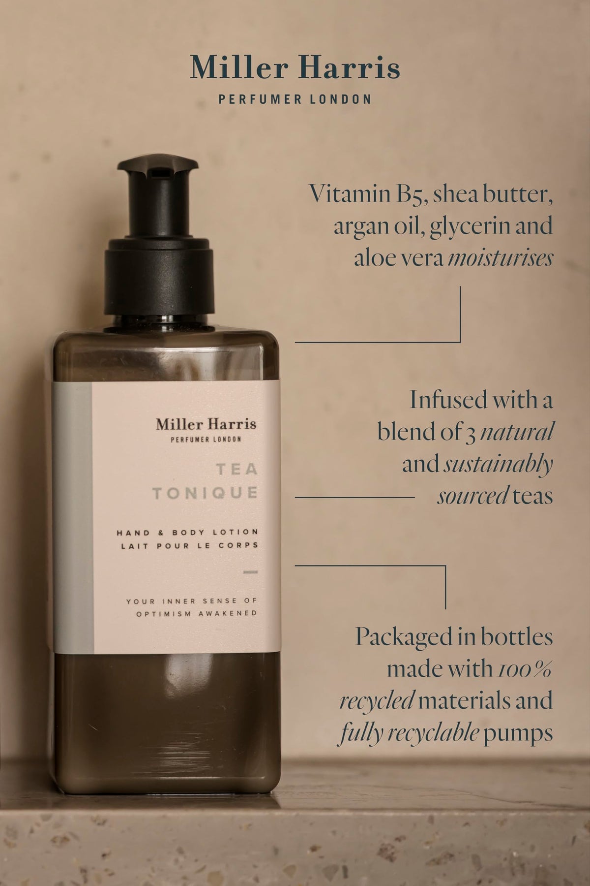 Miller Harris Tea Tonique Hand and Body Lotion 300ml – Shea Butter, Argan Oil, Aloe Vera & Vitamin B5 | Hydrating, Smoothing & Moisturizing Skincare