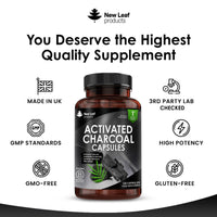 NEW LEAF PRODUCTS Activated Charcoal Capsules - 120 High Strength Activated Charcoal Tablets Alternative - 1040mg Per Serving, Helps Reduce Excessive Flatulence After Eating - Made in UK By New Leaf