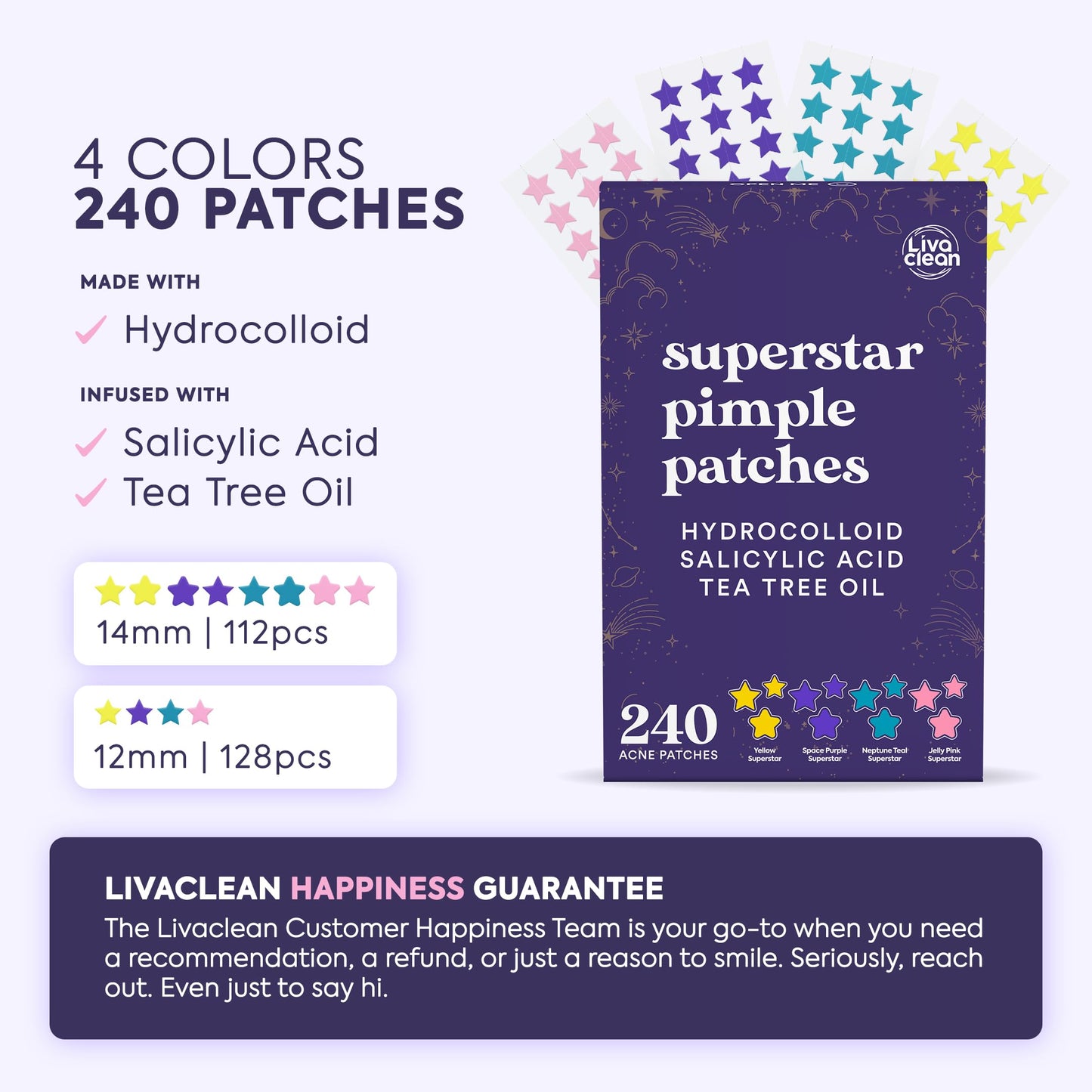 LivaClean 240 Count Colorful Star-Shaped Pimple Patches for Face – Hydrocolloid Acne Patches – Cute Pimple Patches, Pimple Stickers, Zit Dots, Hydrocolloid Bandages, Acne Stickers