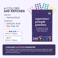 LivaClean 240 Count Colorful Star-Shaped Pimple Patches for Face – Hydrocolloid Acne Patches – Cute Pimple Patches, Pimple Stickers, Zit Dots, Hydrocolloid Bandages, Acne Stickers