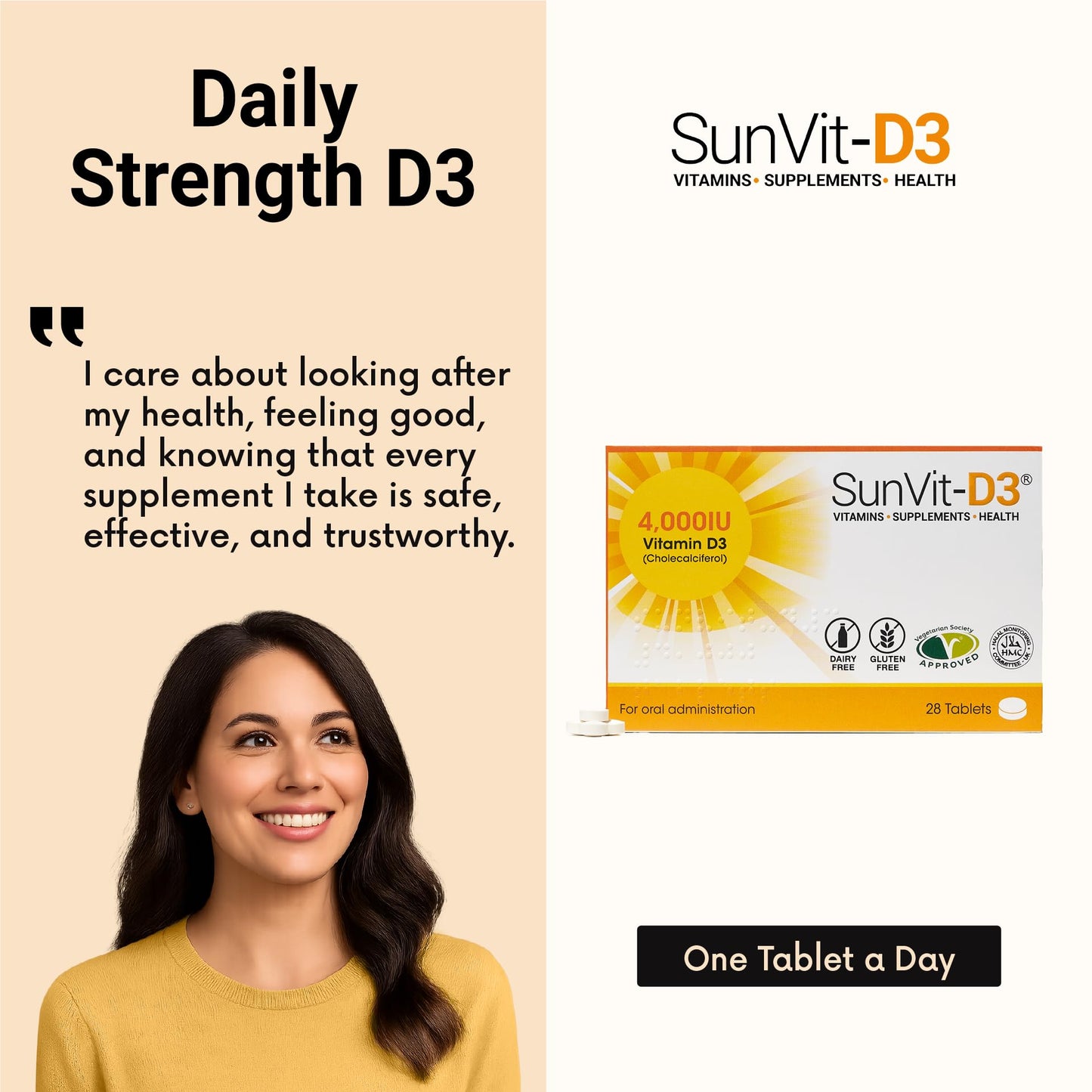 SunVit-D3 Vitamin D3 4000 IU Tablets | High Strength Vitamin D Tablets Supports Immune System, Bone, Teeth & Muscle Health | Gluten Free, Dairy Free | Vitamin D Supplements (28 Count)
