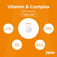 Vitamin B Complex 120 Tablets | Optimal Mix of All 8 Essential Vitamins B1, B2, B3, B5, B6, B12, Biotin & Folic Acid | B Vitamins Tiredness & Fatigue Support | Vegan UK Made | GMP Approved | MOBU UK