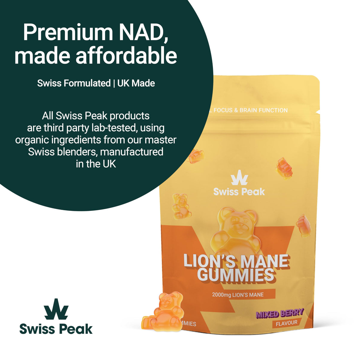 Swiss Peak Lion's Mane 2000mg Max-Strength Gummies, Ginkgo Biloba, Citicoline, Cordyceps, Vitamins B5, B12, 30 Pieces, UK Made | Mental Clarity, Effective Alternative to Capsules and Tablets
