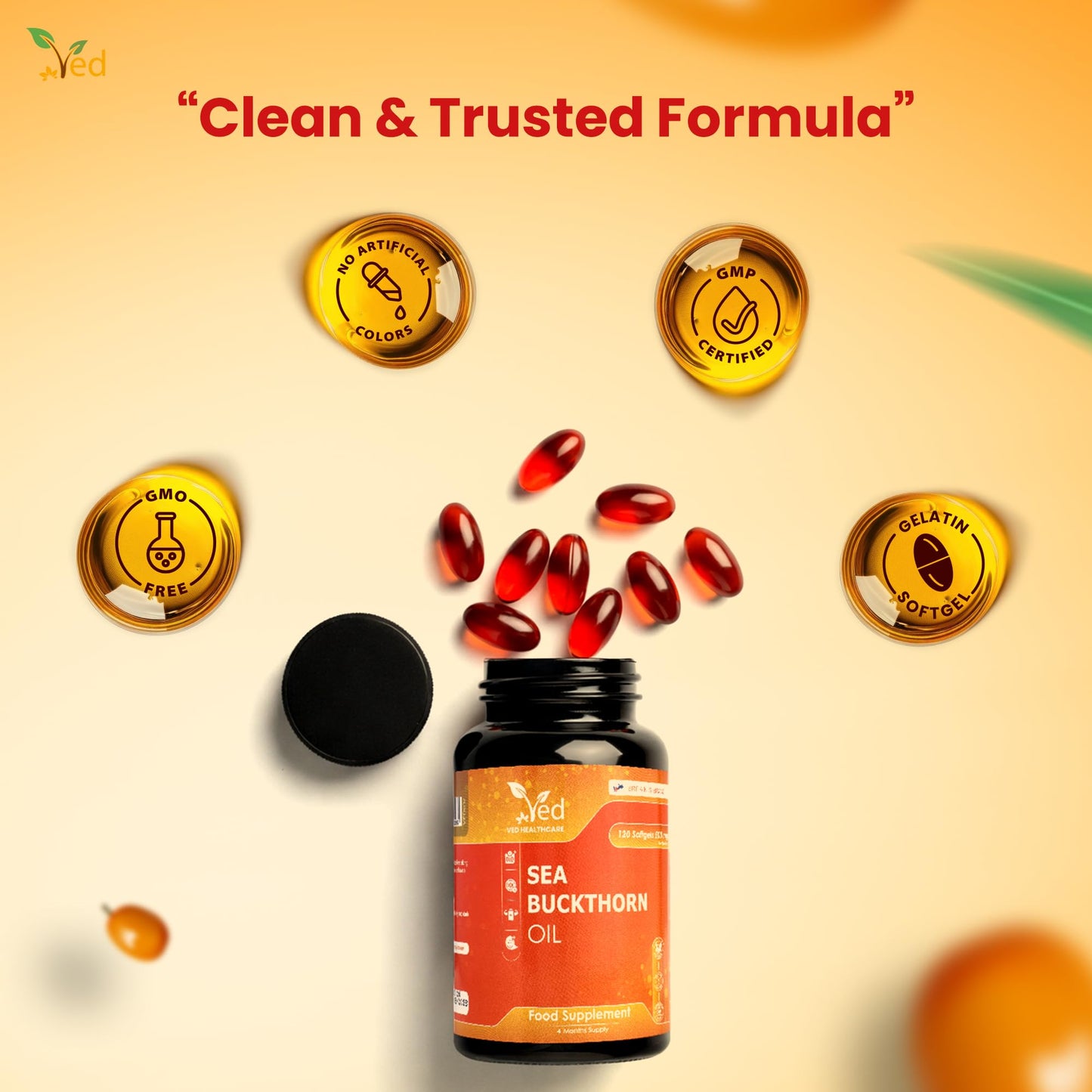 Ved VED Sea Buckthorn Oil Soft Capsules | Boost Immune System | Omega-7 500 mg | 120 Softgels.