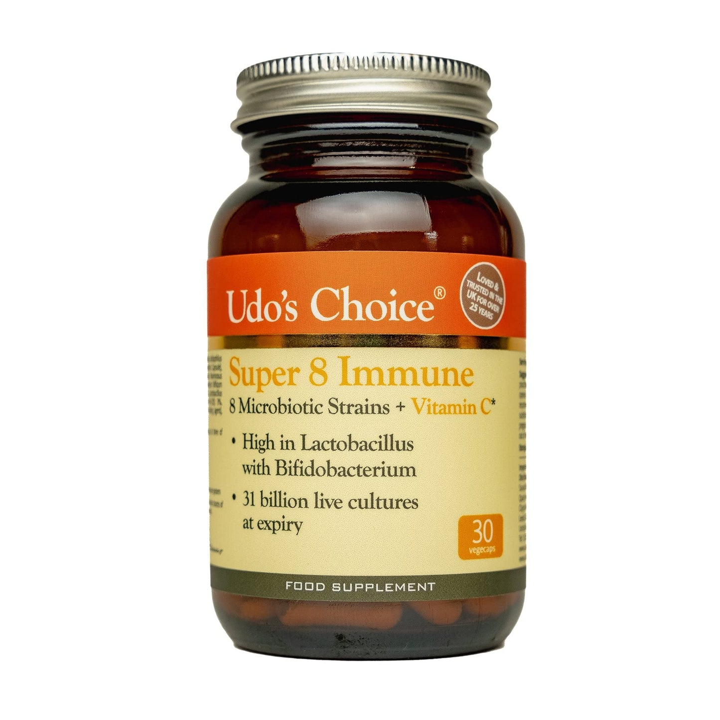 Udo's Choice Super 8 Immune Probiotics - Hi Count Microbiotics with Vitamin C - Supports Bowels and Digestive Health, One a Day Probiotics, 42 Billion Cell Count -8 Microbiotic Strains - 30 Capsules