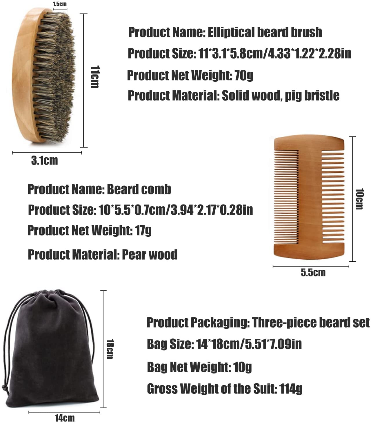 NEESTARTLY Beard Comb Brush Set, Wooden Boar Bristle Beard Brush, Anti Static Moustache Pocket Comb, Portable Hair Comb for Combing Beard Hair, Removing Debris, Massages Face