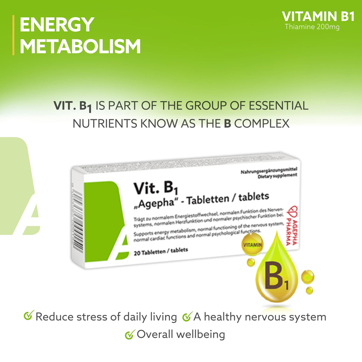 AGEPHA Vitamin B1 Tablets | High Dose Thiamine Tablets | EU Quality | Free of Additives | Relief for Nerve Pain, Nervous Disorders, Memory and Concentration Problems | Supports Energy Metabolism & Immunity