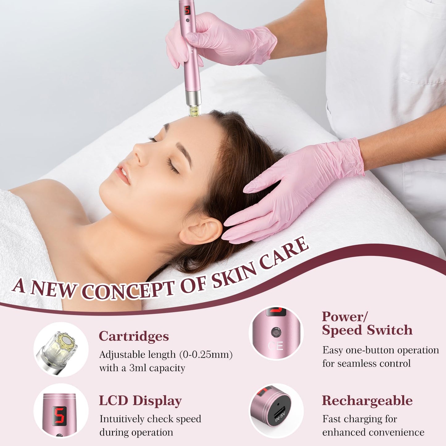 Automatic Serum Applicator Microneedling Pen PELCAS, A3 Electric Derma Pen Level 5 with LCD Screen Rechargeable Cordless Dermapen for Scars,Wrinkles,Stretch Marks,Acne,Skin Rejuvenation(Rose Gold)