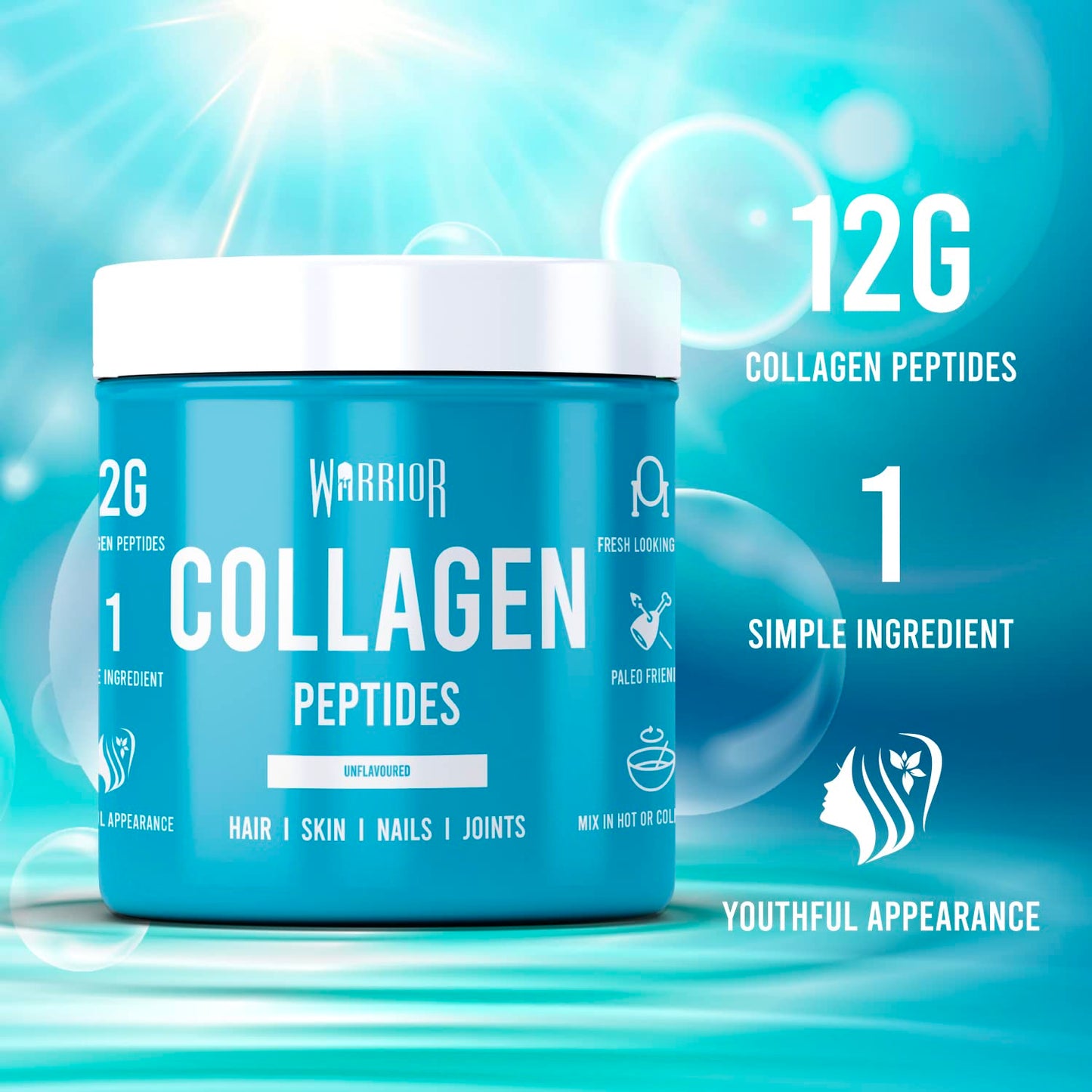 Warrior Collagen Peptides - Collagen Powder - 180g - Made from Premium Bovine Hydrolysed Collagen - to Promote Healthy Skin, Hair, Nails, and Joints (Unflavoured)