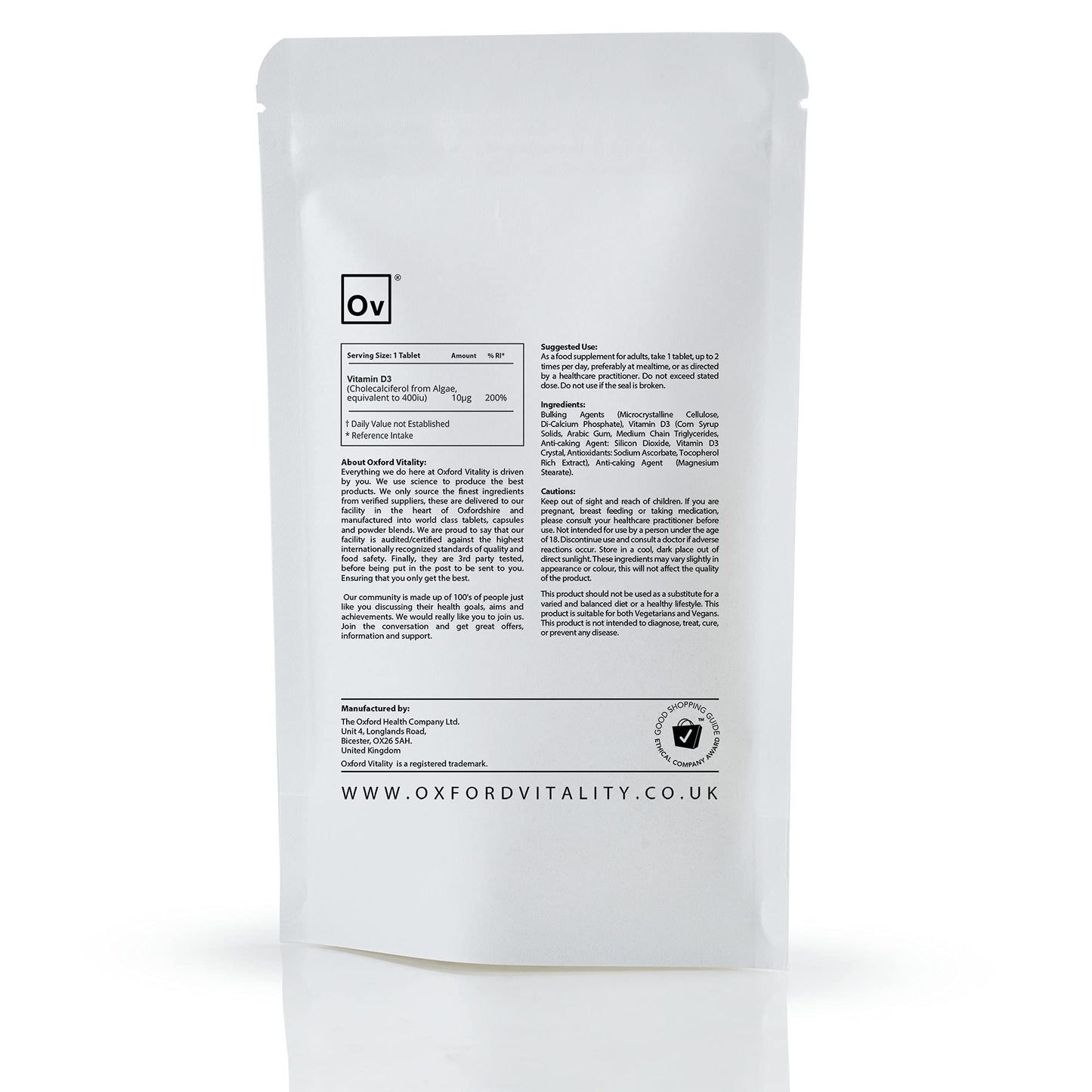 Ov OXFORD VITALITY Vegan Vitamin D3 400iu Tablets | Muscles, Immunity, Bones, Teeth | Oxford Vitality (120)