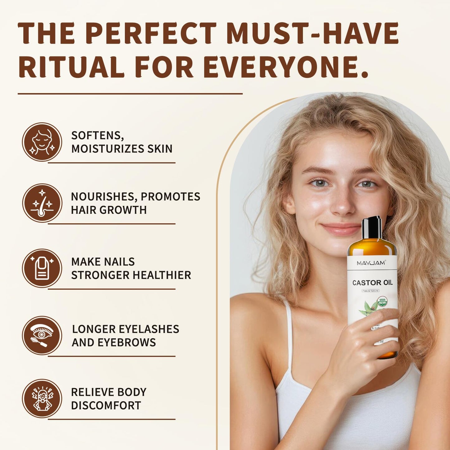 MAYJAM Organic Castor Oil 473ML, Pure Natural Cold & Fresh-Pressed, Promotes Hair, Eyebrow and Eyelash Growth, Carrier Oil for Nourish Skin