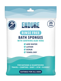 Endure Rinse Free Bath Shower Sponge - Body Wash Wipes for Bathing - Perfect for Camping, Festivals, Gym and Travel - Dry Sponge Wipes with Gentle Cleansing Soap. Just add Water (25 Per Pack).